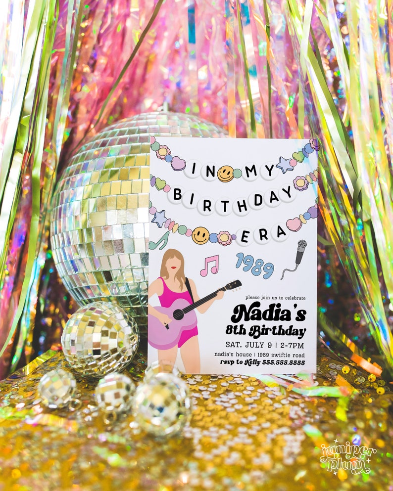 May include: A colorful birthday party invitation with a cartoon illustration of a woman playing a guitar. The invitation says "In My Birthday Era 1989" and includes the text "Nadia's 8th Birthday" with the date and time of the party.