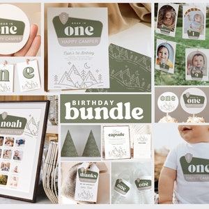 Happy Camper Geburtstagsparty Paket, Eine Happy Camper Canva Vorlage, Junge 1.Geburtstagsparty Dekor
