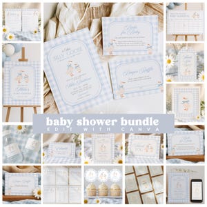 Silly Goose Baby Shower Invitation Bundle, Geese Baby Boy Baby Shower Invite, Blue Gingham Goose Baby Shower Decorations Printable Canva 257