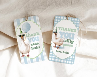Silly Goose Birthday Thank You Tags, Boy 1st Birthday Decor, Blue Goose 1st Birthday Favor Tags, One Silly Goose Birthday Theme, Canva Luka