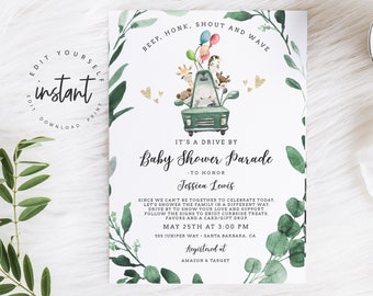 Invito modificabile per baby shower &quot;Drive By&quot;, invito per baby shower con animali della giungla, baby shower &quot;Drive Through&quot;, invito per baby shower con distanziamento sociale, sfilata 90