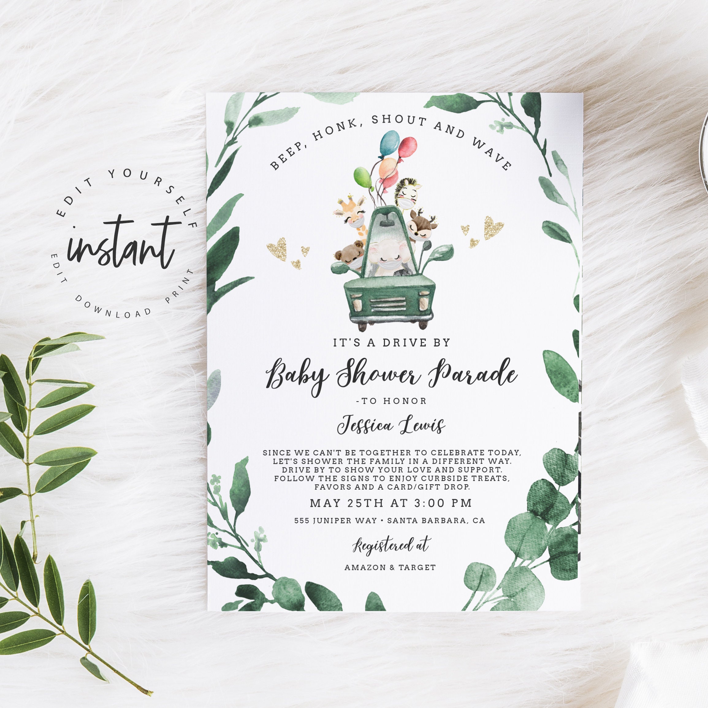Editable Drive By Baby Shower Invitation Jungle Safari Animal Baby Sh…