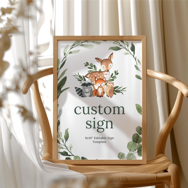 WOODLAND ANIMAL Baby Shower Editable Sign, custom sign, baby shower sign, Woodland Animals Baby Shower, Greenery Editable Printable sign 70 image 2