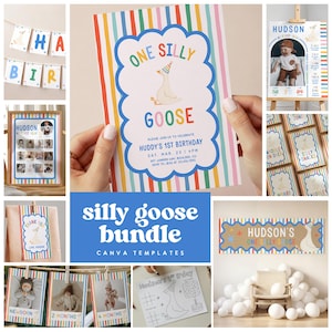 Puede incluir: Una colecci&oacute;n de plantillas para fiestas de cumplea&ntilde;os con una ilustraci&oacute;n de ganso, rayas arco&iacute;ris y texto azul. Incluye invitaciones, carteles, etiquetas, pancartas y hojas de actividades con el texto One Silly Goose.