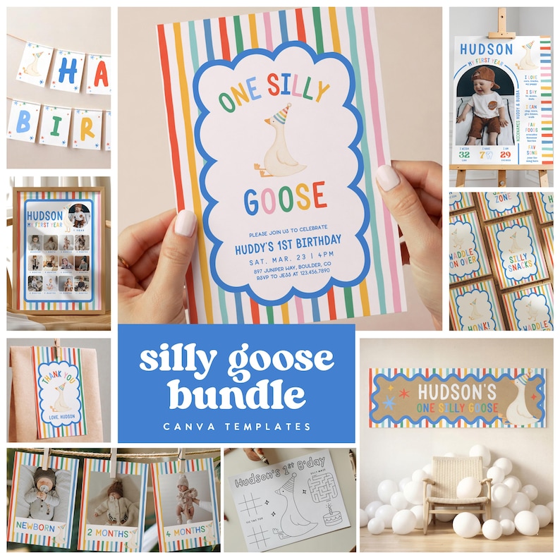 Puede incluir: Una colecci&oacute;n de plantillas para fiestas de cumplea&ntilde;os con una ilustraci&oacute;n de ganso, rayas arco&iacute;ris y texto azul. Incluye invitaciones, carteles, etiquetas, pancartas y hojas de actividades con el texto One Silly Goose.