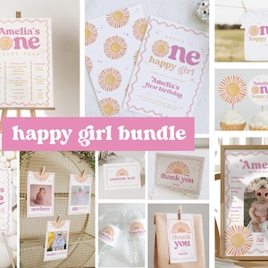 Editable Boho Sun First Birthday, One Happy Girl Retro 1st Birthday Party Invite Party Bundle Instant Download, Canva Template