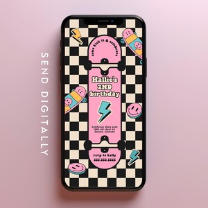 May include: A digital invitation for a 2nd birthday party with a skateboard theme. The invitation features a pink skateboard with a checkered background and the text "Hallie's 2nd birthday".