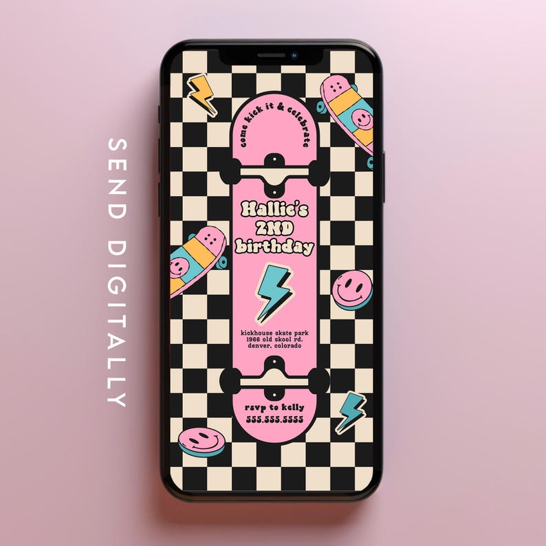 May include: A digital invitation for a 2nd birthday party with a skateboard theme. The invitation features a pink skateboard with a checkered background and the text "Hallie's 2nd birthday".
