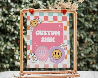 Editable Checkered Smile Face Party Sign, Groovy Retro birthday, emoji,  Any Age Girl Birthday Editable Sign Template67
