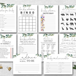 May include: A set of printable baby shower game cards with green foliage and white text. The games include "Wishes for Baby", "Baby Shower Bingo", "Baby Shower Emoji Pictionary", "Who is Mama", "Mommy or Daddy", "Baby Shower Price is Right", "What's in Your Purse", "Shower Libs", and "Baby Word Scramble".