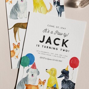 May include: A birthday party invitation with a watercolor illustration of dogs wearing party hats. The invitation says "Come, Sit, Stay It's a Paw-ty! Jack is turning two! Let's celebrate Sat. Aug. 3rd 2PM The Jones House 458 Clark Way RSVP to Lauren 123.456.7890"