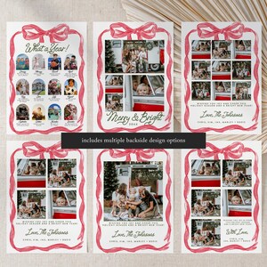 May include: Christmas photo cards with a red ribbon design. The cards display family photos and text, including "What a Year!" and "Merry & Bright." Multiple backside design options are available. These cards are a festive way to share holiday greetings.