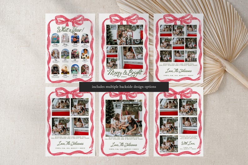 May include: Christmas photo cards with a red ribbon design. The cards display family photos and text, including "What a Year!" and "Merry & Bright." Multiple backside design options are available. These cards are a festive way to share holiday greetings.