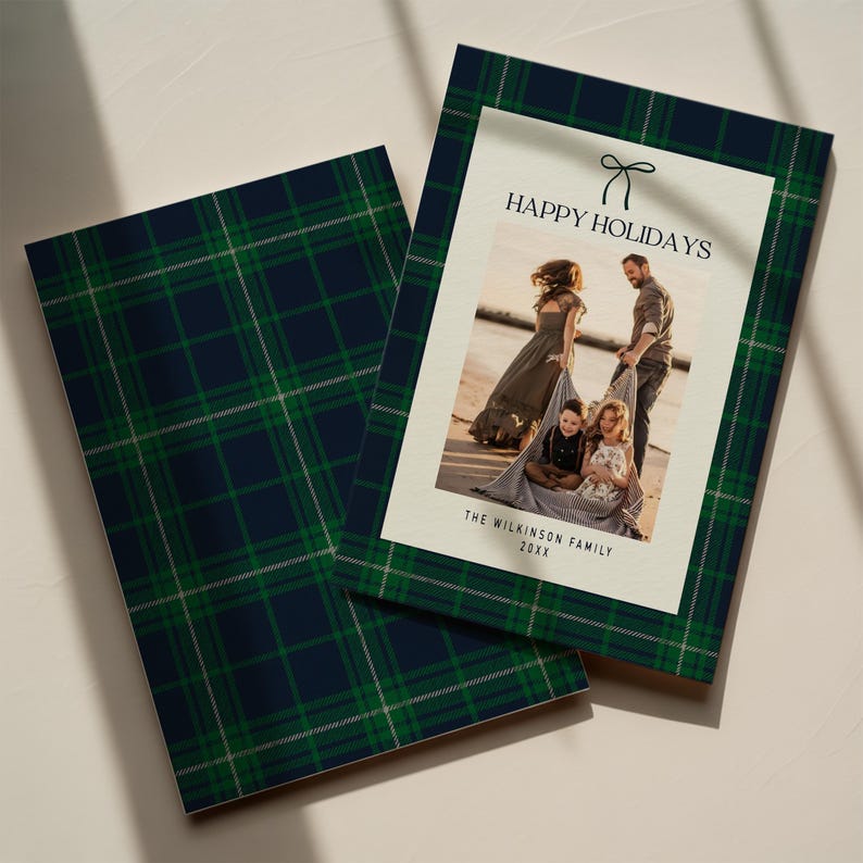 Navy Green Plaid Christmas Card Template | Tartan Holiday Photo Card | Classic Preppy Christmas Canva Template | Editable Printable Card image 2