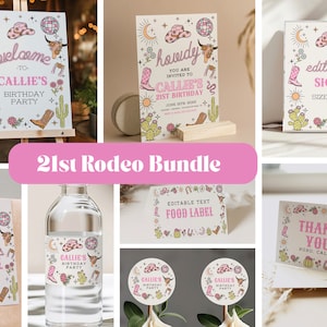 Howdy 21st Birthday Bundle Cowgirl Party Vorlage, Howdy bearbeitbare Einladung, Space Cowgirl Geburtstagsfeier-Einladung, Western