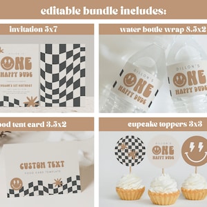 May include: Editable printable party supplies for a first birthday party with a checkered and smiley face theme. The set includes an invitation, water bottle wraps, food tent cards, and cupcake toppers. The text on the invitation reads "Dillon is One Happy Dude".