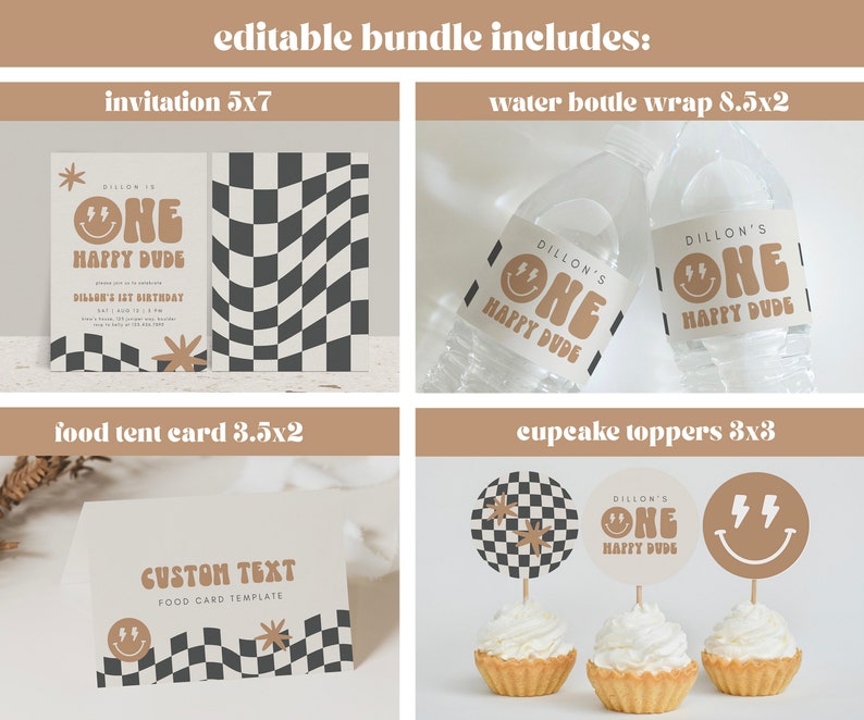 May include: Editable printable party supplies for a first birthday party with a checkered and smiley face theme. The set includes an invitation, water bottle wraps, food tent cards, and cupcake toppers. The text on the invitation reads "Dillon is One Happy Dude".