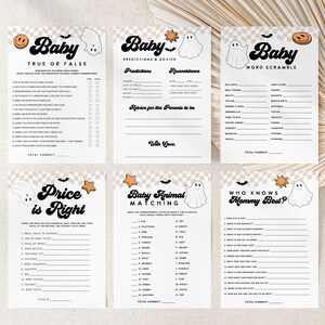 May include: Six printable baby shower games with a Halloween theme. Each game card features a ghost illustration and the word "Baby" in a decorative font. Games include "True or False," "Predictions & Advice," and "Word Scramble."