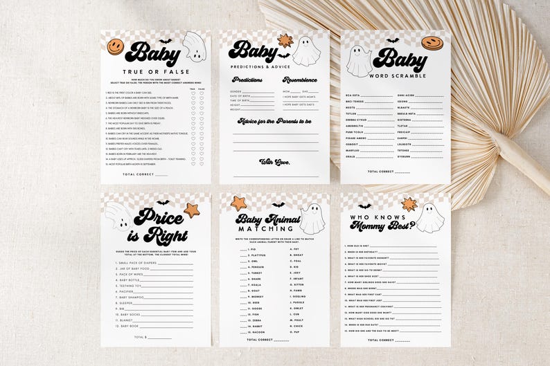 May include: Six printable baby shower games with a Halloween theme. Each game card features a ghost illustration and the word "Baby" in a decorative font. Games include "True or False," "Predictions & Advice," and "Word Scramble."