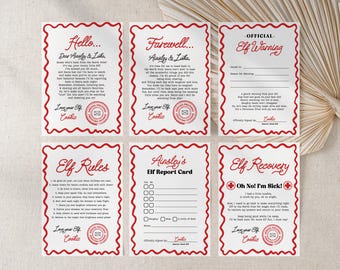 May include: Six printable cards for an elf on the shelf activity. The cards include a welcome letter, a farewell letter, elf rules, an elf report card, an elf warning, and an elf recovery note. The cards are white with red borders and text.