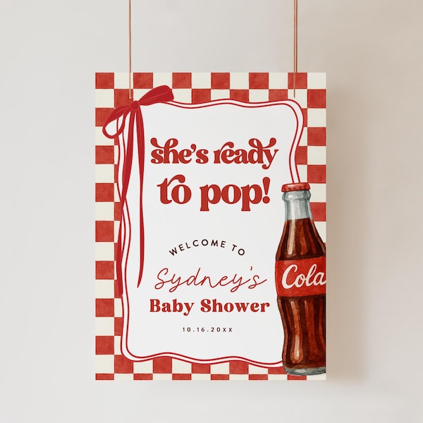 Red Bow Soda Welcome Sign Template, Ready to Pop Baby Shower Welcome Sign, Cola Theme Soda Baby Gender Neutral Trendy Canva Template 270