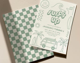 May include: A set of two invitation cards with a surf theme. One card features a green and white checkerboard pattern. The other card has the text "Surf's Up" with illustrations of a surfboard, palm trees, and a van.