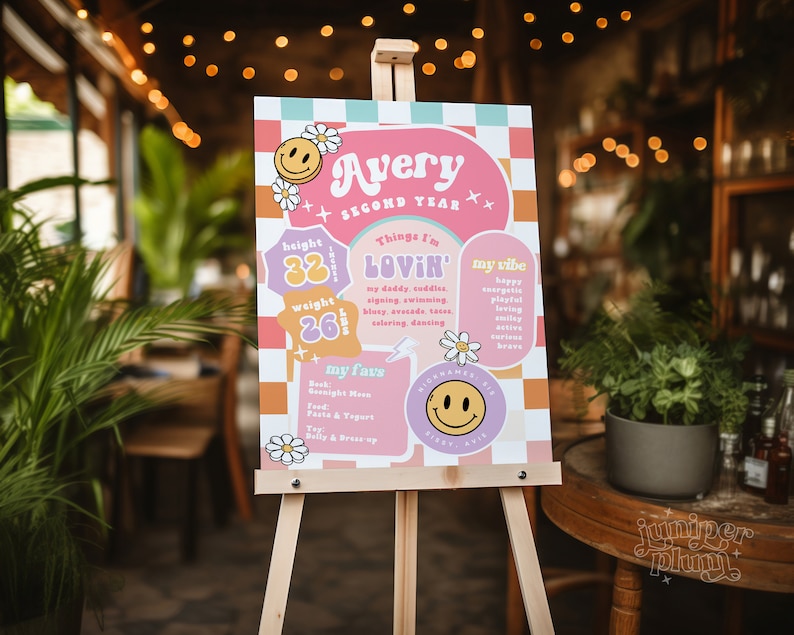 May include: A pink and purple birthday sign with the name Avery and the text "Second Year". The sign also includes details about Avery's height, weight, and favorite things. The sign is decorated with daisies and smiley faces.