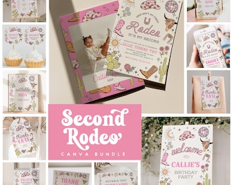 Paquete editable de invitación de cumpleaños "Mi segundo rodeo" para vaqueras, estilo salvaje oeste, rancho del suroeste. Descarga instantánea.
