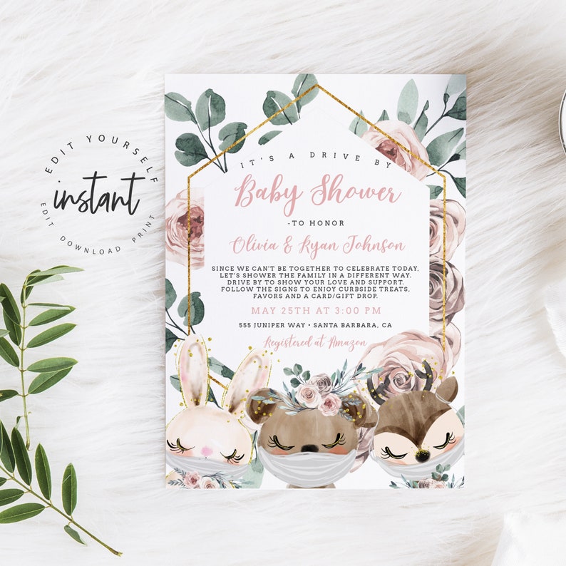 Drive by Baby Shower Invitation Floral Woodland Animal Baby Etsy