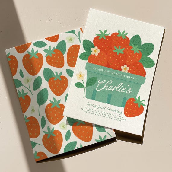 Berry First Birthday Invite Template, Strawberry 1st Birthday Invitation, Berry Birthday Party, Printable Girl Birthday Party Strawberry 273