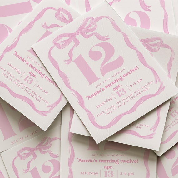 Coquette Pink 12th Birthday Invitation Girl Pink Bow Mobile 12th Birthday Invite Fancy Birthday Invitations Twelfth Sleepover Invitation 215
