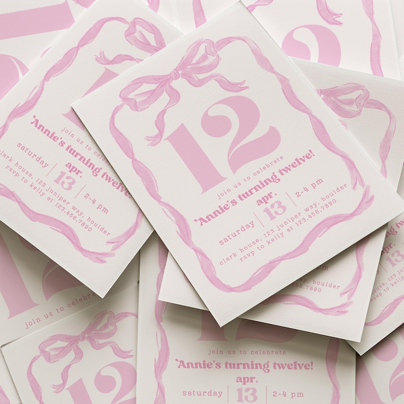 May include: Pink and white birthday party invitations. Each invitation features a pink bow and ribbon design, the number 12, and the text "Annie's turning twelve!" with event details. The invitations are stacked.