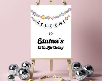 Pulsera de la amistad "En mi cumpleaños", bienvenida, letrero de cumpleaños para niña, plantilla de Canva editable e imprimible para descarga digital.
