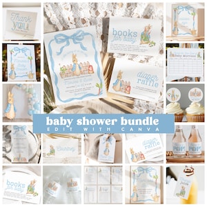 Peter Rabbit Baby Shower Bundle, set di inviti rustici MODIFICABILI a forma di coniglietto, coniglietto flopsy, palloncino blu per bambini, giardino primaverile, download immediato Canva