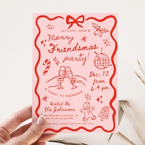 Modèle d'Invitation fête de Noël Friendsmas Cocktail festif lunatique dessiné à la main, invitation de Noël, pain d'épice téléchargement numérique sur toile