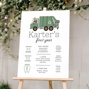 May include: A white sign on a wooden easel with the text "Karter's first year." The sign features a green garbage truck with raccoons. It lists height as 51 cm, weight as 15 kg, and 6 teeth.