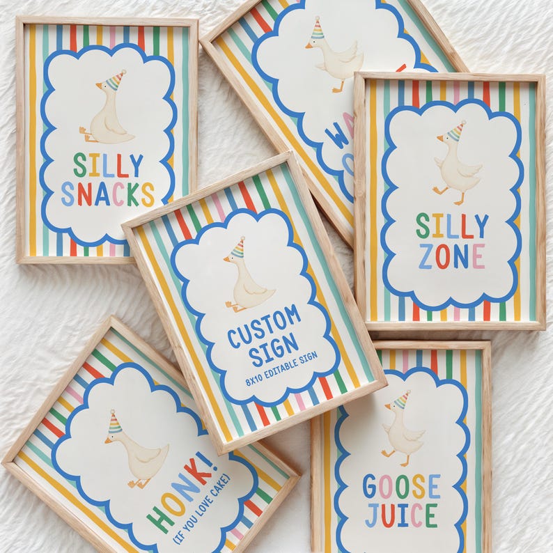 Puede incluir: Cinco marcos rectangulares de madera con impresiones sobre un fondo de rayas verticales de arco&iacute;ris. Cada impresi&oacute;n presenta un borde festoneado blanco, un ganso de dibujos animados con un gorro de fiesta y texto que incluye SILLY SNACKS, SILLY ZONE, CUSTOM SIGN 8X10, HONK! (IF YOU LOVE CAKE) y GOOSE JUICE.