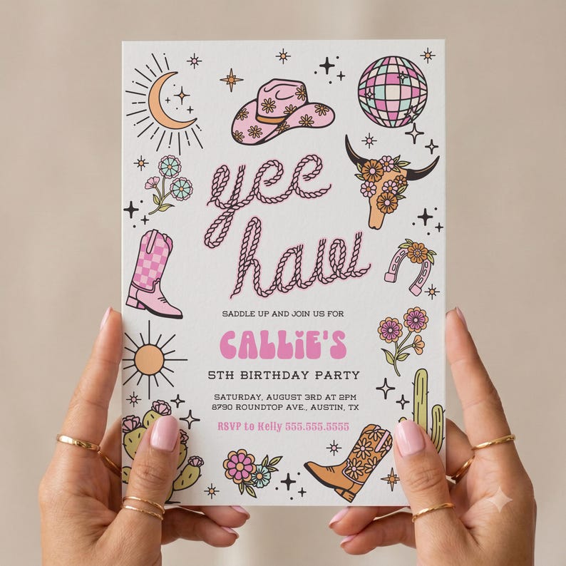 Editable Disco Cowgirl Birthday Invitation, Pink Rodeo Party Invite (Canva Template) image 1