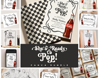 She’s Ready to Pop Baby Shower Bundle | Retro Soda Baby Shower Invitation, Games, Signs & Favor Tags | Canva Editable Template Kit 275