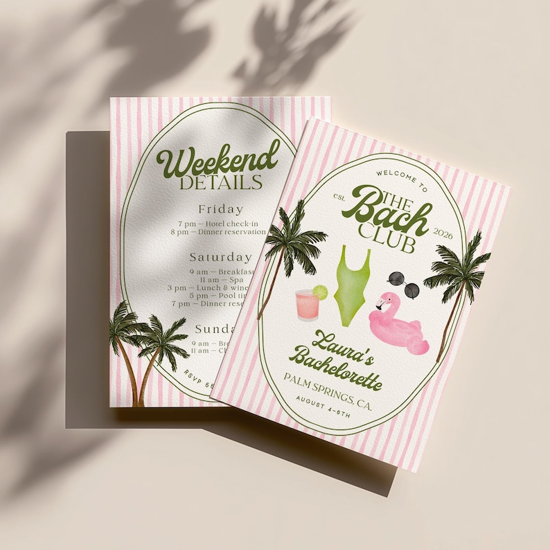 May include: Two pink and white striped invitation cards with text and illustrations. One card reads "Weekend DETAILS" with a schedule. The other card says "Welcome to The Bach Club" with a bachelorette party theme.