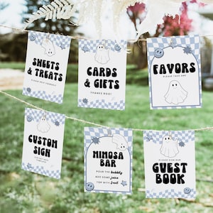 May include: A collection of party signs with a blue and white checkered pattern, featuring ghost and star graphics. The signs include text such as "Sheets & Treats," "Cards & Gifts," "Favors," "Custom Sign," "Mimosa Bar," and "Guest Book."