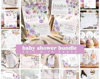 Pacchetto di inviti per baby shower "Baby in Bloom" stampabili, inviti per baby shower con fiori di campo e giochi modificabili, decorazioni floreali per baby shower