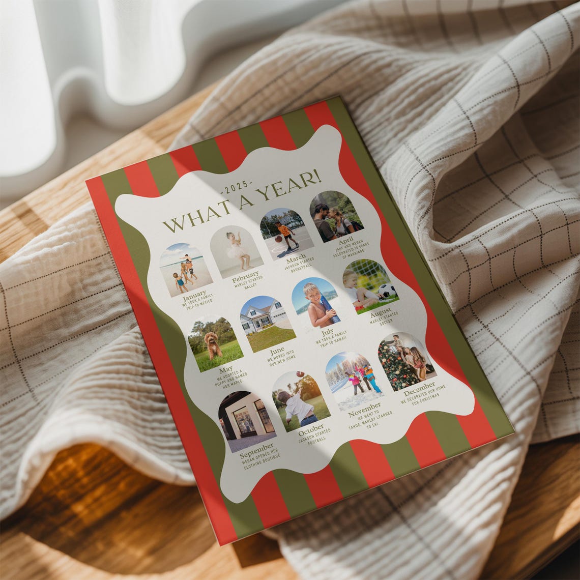 Vintage Christmas Card Template Olive & Red Stripe Holiday Photo Card