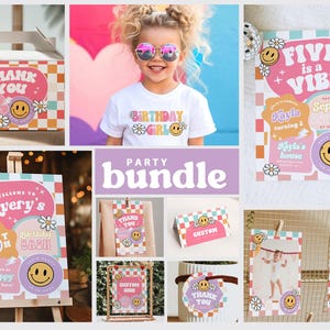 Editable FIVE is a Vibe Checkered Smile Face Birthday, Groovy Retro birthday bundle, Girl 5th Birthday Party Decor Template 67