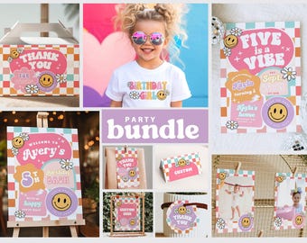 Editable FIVE is a Vibe Checkered Smile Face Birthday, Groovy Retro birthday bundle, Girl 5th Birthday Party Decor Template 67