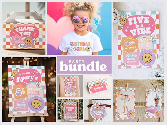 Editable FIVE is a Vibe Checkered Smile Face Birthday, Groovy Retro birthday bundle, Girl 5th Birthday Party Decor Template 67