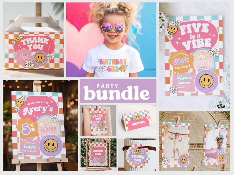 May include: A party bundle featuring a variety of printable designs with a retro 70s theme. The designs include a welcome sign, a thank you tag, a birthday girl shirt, a custom sign, and a birthday invitation. The designs feature a checkered pattern, smiley faces, and daisies.