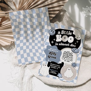May include: A blue and white checkered background with a black and white baby shower invitation. The invitation says "a little BOO is almost due" and has a ghost and smiley face illustrations. The date is September 20th at 2 PM.