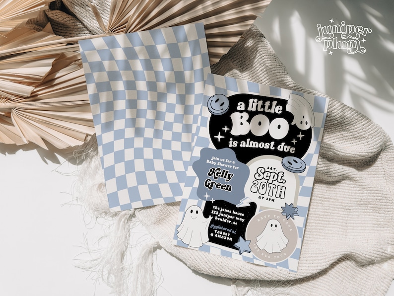 May include: A blue and white checkered background with a black and white baby shower invitation. The invitation says "a little BOO is almost due" and has a ghost and smiley face illustrations. The date is September 20th at 2 PM.