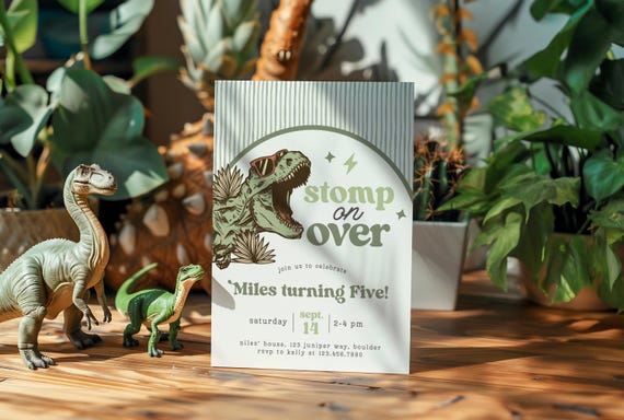 Dinosaur Birthday Invitation Template, T Rex Boy Birthday Invite, Stomp On Over Party, Editable Canva Dino Invite, 5th Birthday 31